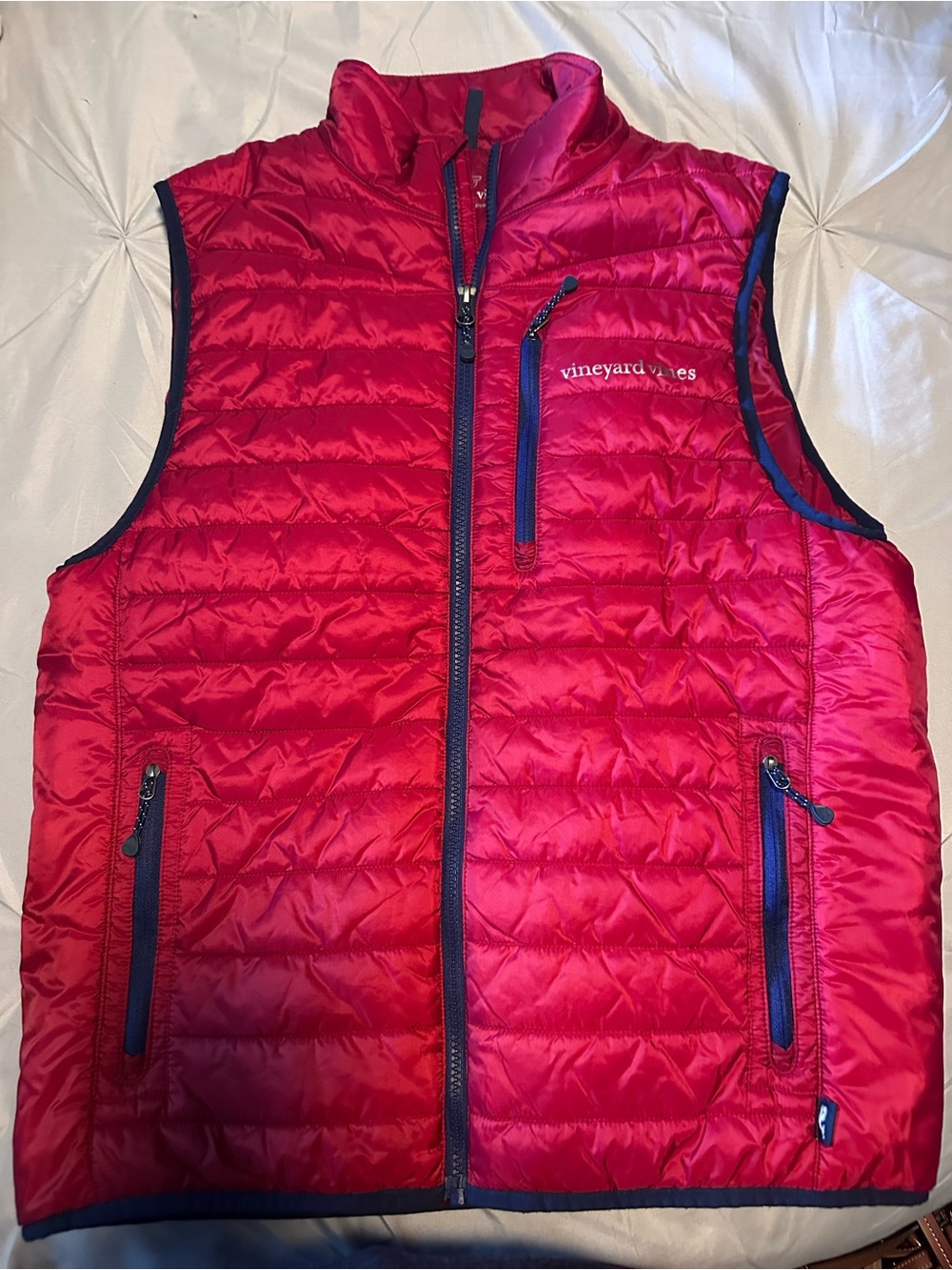 Vineyard Vines Red Quilted Vest with Navy Trim